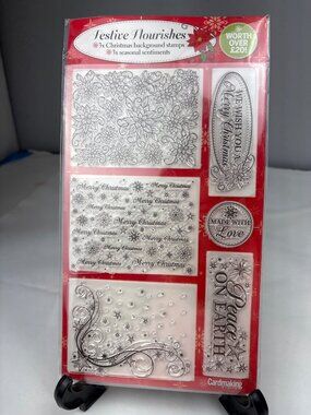 Festive Flourishes 3X Christmas Clear Cling Stamps Merry Sentiments & Patterns